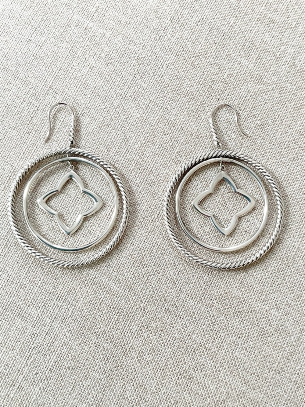 David Yurman Sterling Silver Cable Quatrefoil Drop Hoop Earrings Large 925